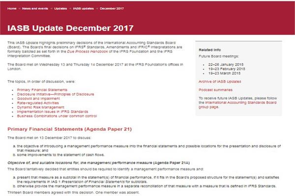 انتشار خبرنامه هیئت استانداردهای بین‌المللی حسابداری در دسامبر 2017